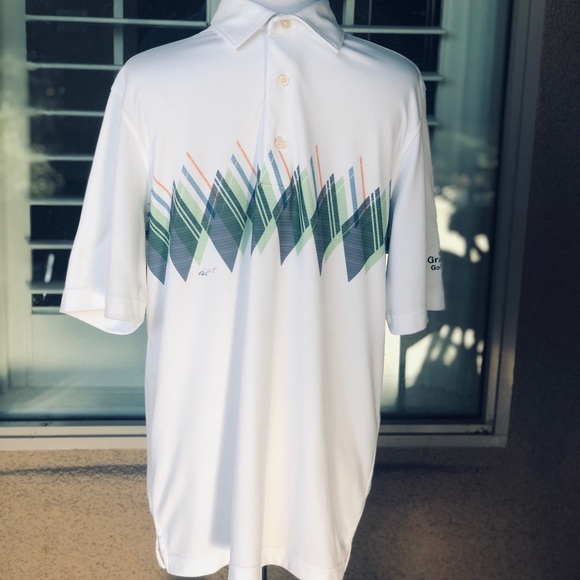 White Polo Shirt with Green and Blue Pattern - Picture 1 of 3
